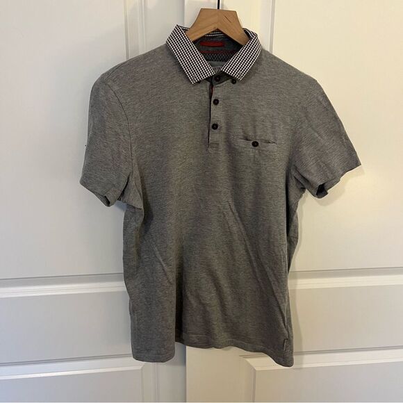 Ted Baker Men’s Grey polo with plaid Collar detail Size 4 or Large - Picture 1 of 13